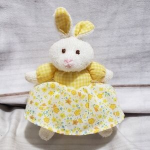 Russ White Terry Cloth Bunny Rabbit 4" Plush Yellow Gingham Floral Skirt #4506